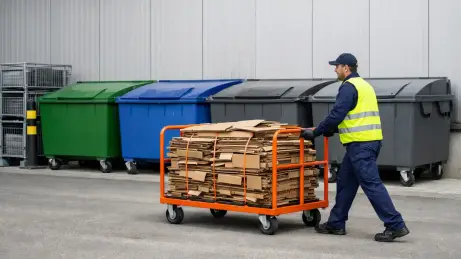 Mitarbeiter sammelt und trennt Wertstoffe am Sammelplatz eines Produktionswerks
