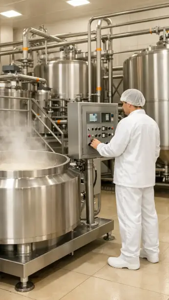 Anlagenführer aus Polen überwacht eine mehrstufige Anlage in der Lebensmittelproduktion