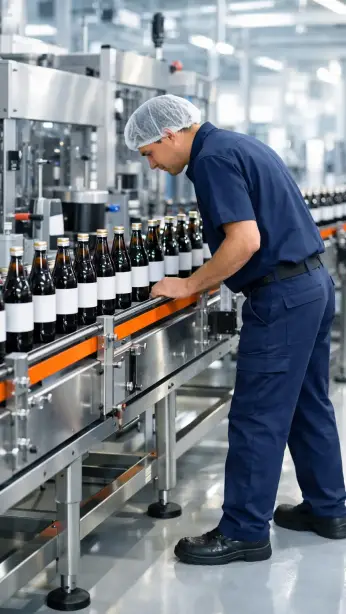 Anlagenführer bedient eine industrielle Abfüll- und Verpackungslinie