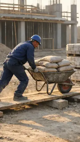 Bauhelfer transportiert Material über die Rohbaustelle