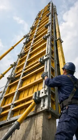 Einschaler montiert ein Element der Rahmenschalung am Rohbau