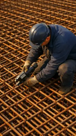 Eisenflechter aus Polen bindet Bewehrungsstahl auf einer Baustelle