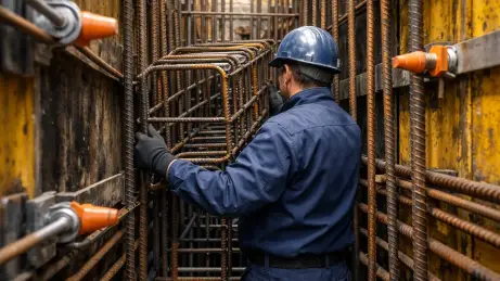 Eisenflechter verlegt Bewehrungsstahl nach Biegeplan auf einer Rohbaustelle
