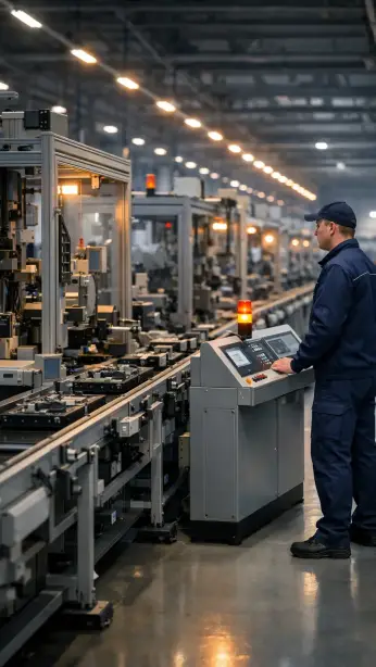 Maschinenbediener aus Polen überwacht eine automatisierte Produktions- und Montagelinie
