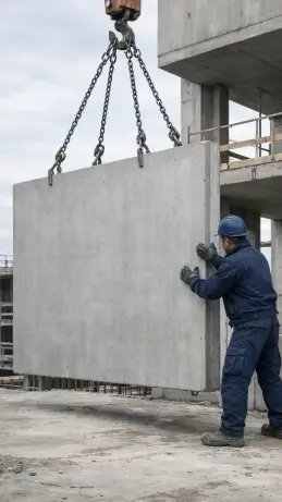 Monteur führt ein Betonfertigteil am Kranhaken in Position