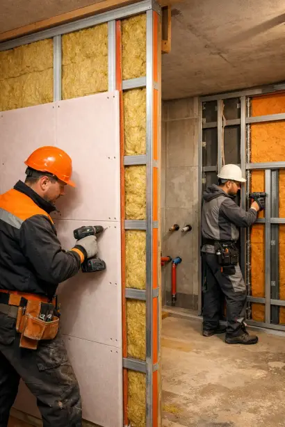 Osteuropäische Fachkräfte im Innenausbau bei der Dämmung einer Trockenbauwand