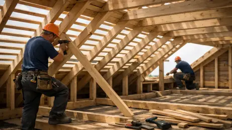 Polnische Dachdecker und Zimmerer arbeiten am offenen Dachtragwerk