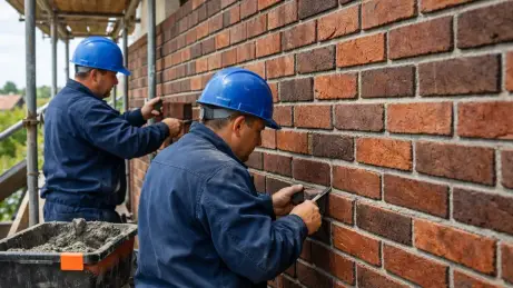 Polnische Maurer errichten eine Klinkerfassade mit Verblendmauerwerk