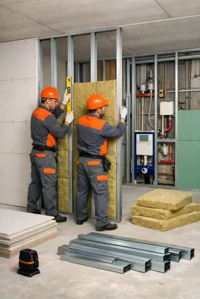 Polnische Trockenbauer bei der Montage von Metallständerwänden mit Gipskartonplatten