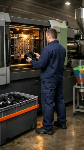 Polnischer Maschinenbediener entnimmt Teile an einer Spritzgussmaschine in der Kunststoffverarbeitung