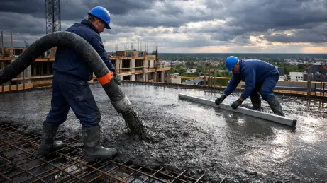 Stahlbetonbauer aus Polen betonieren eine Geschossdecke mit Betonpumpe