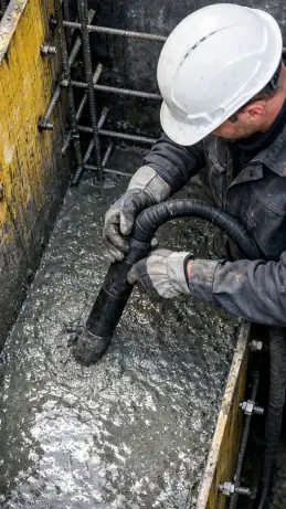 Stahlbetonbauer verdichtet frischen Beton in einer Wandschalung