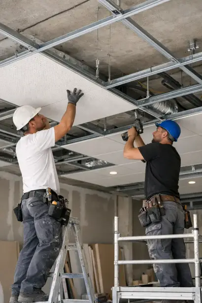 Trockenbaumonteure bei der Montage einer abgehängten Rasterdecke