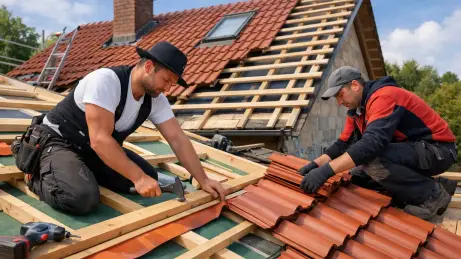 Zimmerer aus Polen richten einen Dachstuhl auf dem Rohbau auf