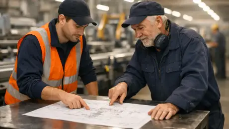 Ukrainischer Mitarbeiter und deutscher Vorarbeiter an einer Produktionslinie