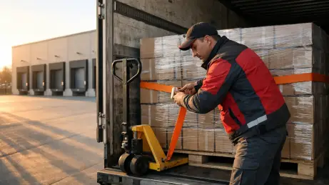 Ladungssicherung an der Rampe Bulgarischer Berufskraftfahrer sichert Ladung an der Rampe eines Logistikzentrums