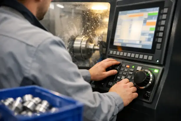 Bedienpult eines CNC-Zentrums Maschinenbediener steuert ein CNC-Bearbeitungszentrum am Bedienpult