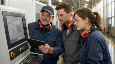Einweisung an der Produktionsanlage Vorarbeiter weist neue Kollegen aus Osteuropa an einer Produktionsanlage ein