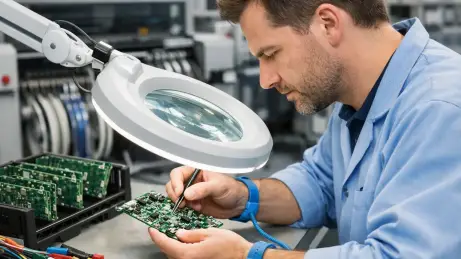 Sichtprüfung unter der Lupenleuchte Prüfung bestückter Leiterplatten an einem Kontrollplatz der Elektronikfertigung