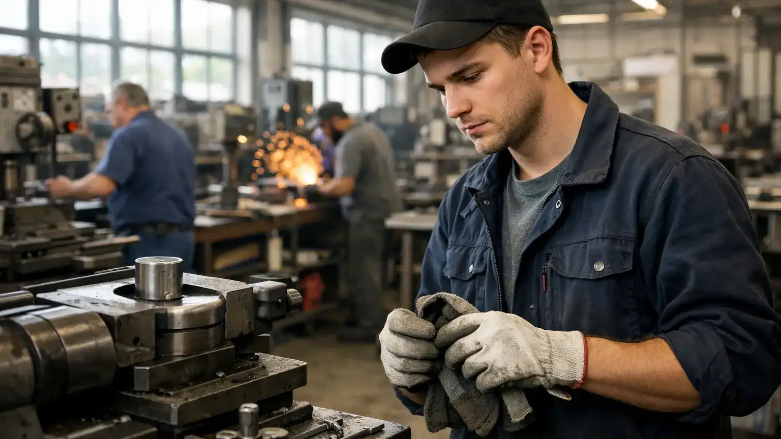 Ein Arbeiter in Schutzkleidung steht konzentriert an einer Maschine in einer Produktionshalle, im Hintergrund weitere Beschäftigte bei der Arbeit