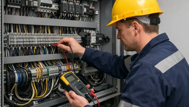 Industrieelektriker prüft Klemmen am Schaltschrank