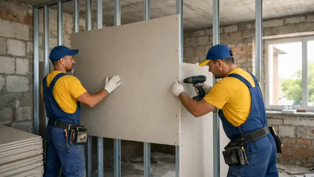Handwerker aus der Ukraine beim Innenausbau einer Trockenbauwand