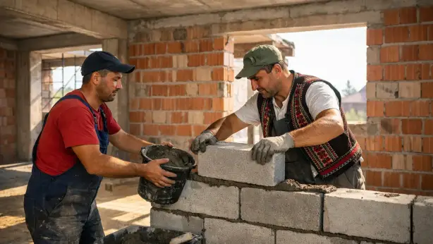 Rumänische Handwerker bei Rohbauarbeiten auf einer deutschen Baustelle