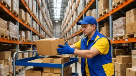 Kommissionierung im Hochregallager Arbeitskraft aus der Ukraine kommissioniert Ware im Hochregallager