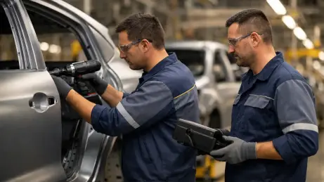 Arbeit an der Fahrzeuglinie Montagemitarbeiter aus Ungarn bei der Endmontage einer Fahrzeugkarosserie