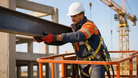 Monteur auf der Baustelle Rumänischer Monteur richtet eine Stahlkonstruktion auf einer Baustelle aus