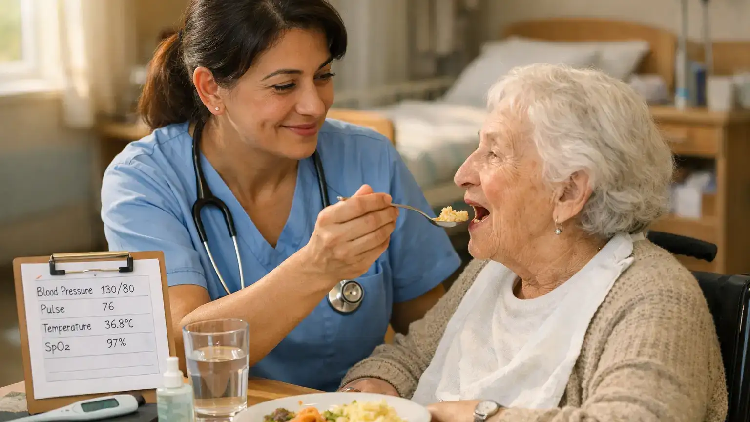 Pflegehilfskraft unterstützt eine ältere Bewohnerin beim Essen in einem hellen Pflegeheimzimmer