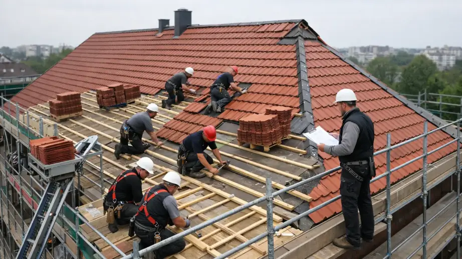 Polnische Dachbaukolonne aus Zimmerern und Dachdeckern arbeitet gemeinsam an einem Steildach