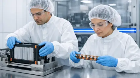Handgriff an der Zellfertigung Produktionskräfte in Reinraumkleidung bei der Montage eines Batteriemoduls