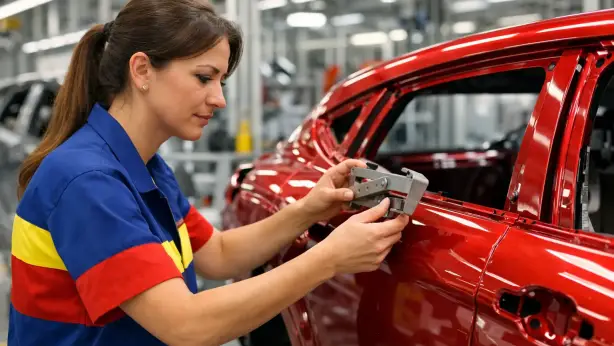 Rumänische Mitarbeiter bei Prüfarbeiten an einer Automotive-Fertigungslinie