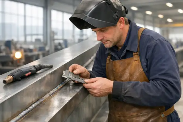 Nahtprüfung an einer Stahlkonstruktion Schweißer aus Tschechien prüft eine fertige Naht an einer Stahlkonstruktion