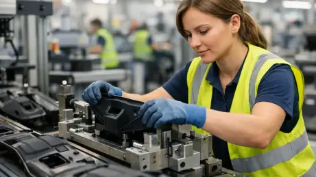 Fertigungslinie in der Zulieferindustrie Slowakische Produktionsmitarbeiterin an einer Fertigungslinie in der Automobilzulieferung