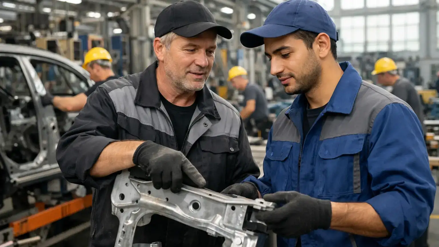 Ein Vorarbeiter zeigt einem neuen Mitarbeiter aus dem Westbalkan die Arbeitsschritte an einer Fertigungsstraße in einer deutschen Fabrikhalle
