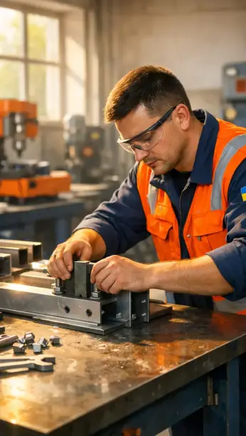 Ukrainische Fachkraft bei Montagearbeiten in einem deutschen Industriebetrieb