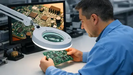 Prüfplatz in der Elektronikfertigung Ungarischer Mitarbeiter prüft Bauteile in der Elektronikfertigung an einem hellen Arbeitsplatz