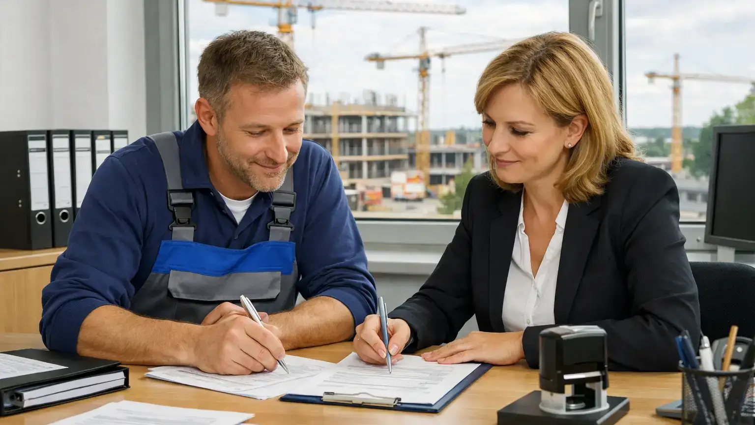 Ein Arbeitgeber und eine Personalverantwortliche füllen gemeinsam Formulare für die Arbeitsmarktzulassung an einem Schreibtisch aus, im Hintergrund eine Baustelle