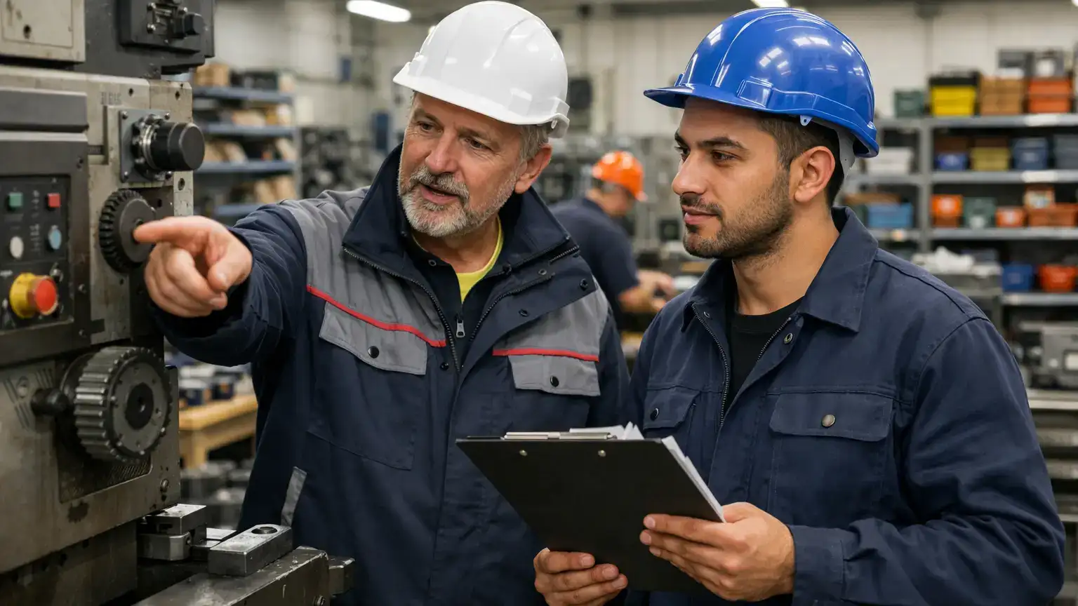 Ein Vorarbeiter erklärt einem neuen Mitarbeiter aus dem Westbalkan in einer Produktionshalle eine Maschine, beide tragen Arbeitsschutzkleidung