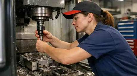 Zerspanung in der Werkstatt Zerspanungsfachkraft aus Tschechien richtet eine CNC-Maschine im Werkstattlicht ein
