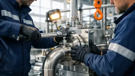 Bulgarische Monteure bei der Montage eines Anlagenmoduls in einer deutschen Werkshalle