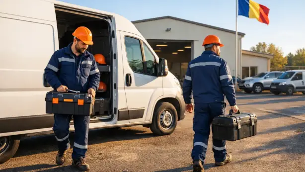 Rumänische Handwerker kommen zum Arbeitseinsatz bei einem deutschen Betrieb an